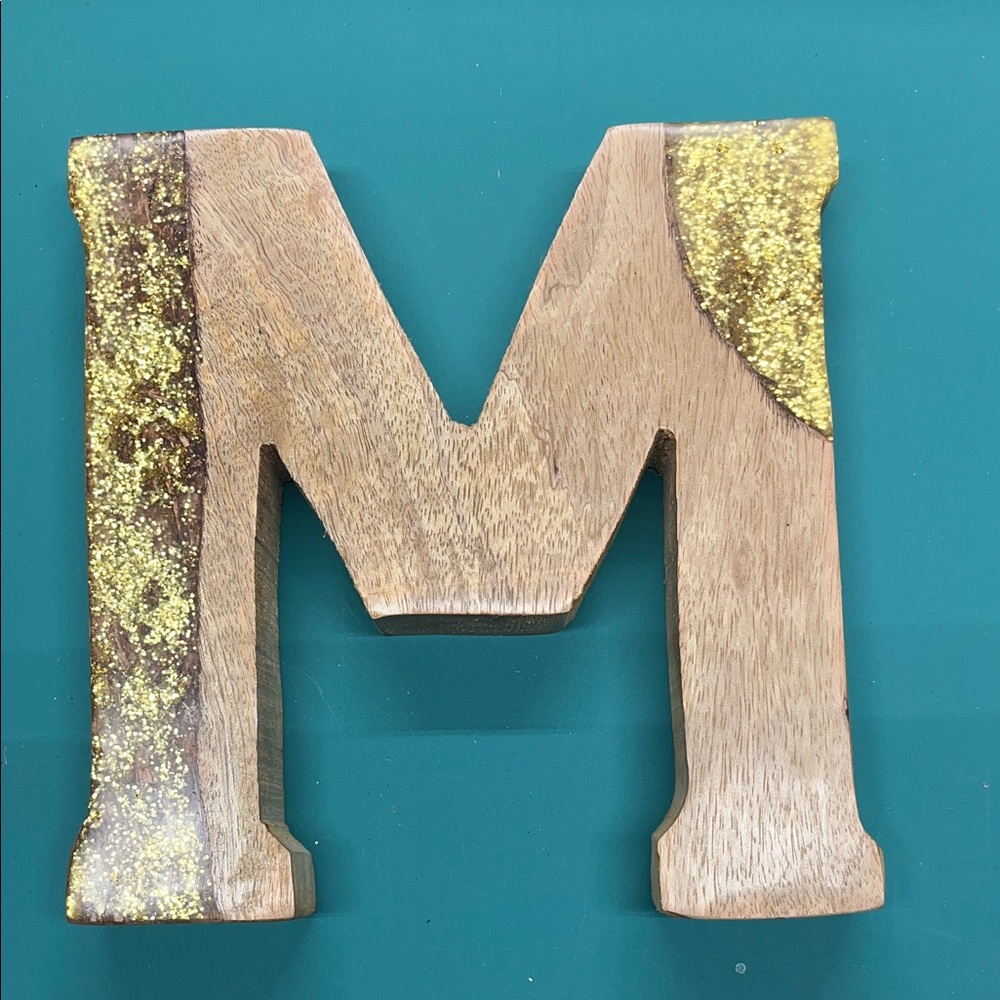 Wooden Letter M with Gold Glitter Accents